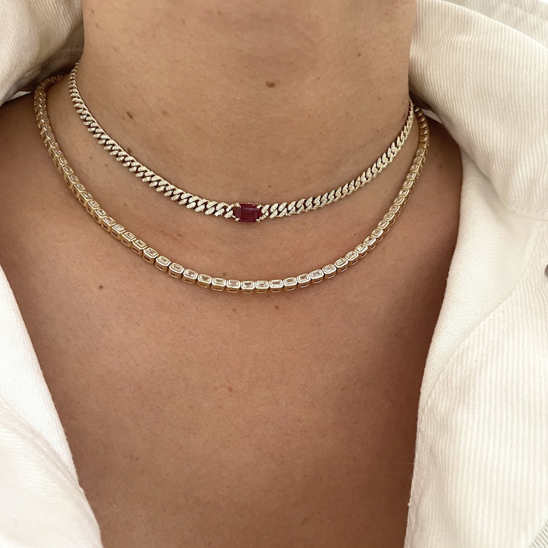 14k Yellow Gold Diamond and Pink Tourmaline Cuban Necklace