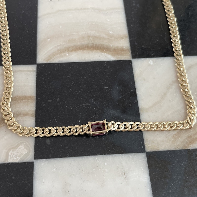 14k Yellow Gold Diamond and Pink Tourmaline Cuban Necklace