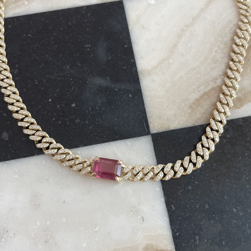 14k Yellow Gold Diamond and Pink Tourmaline Cuban Necklace