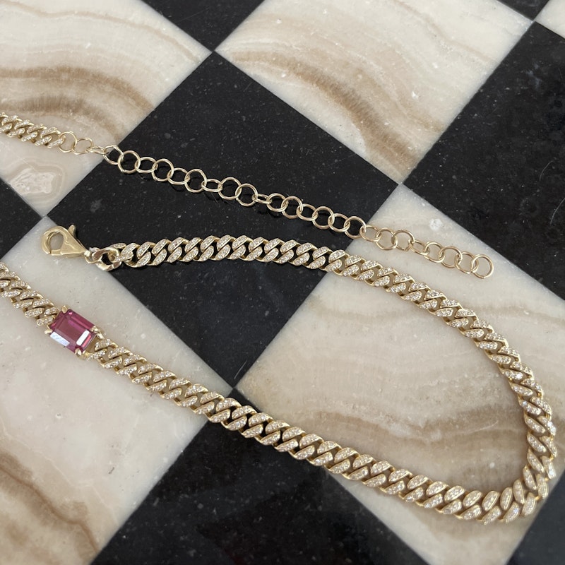 14k Yellow Gold Diamond and Pink Tourmaline Cuban Necklace