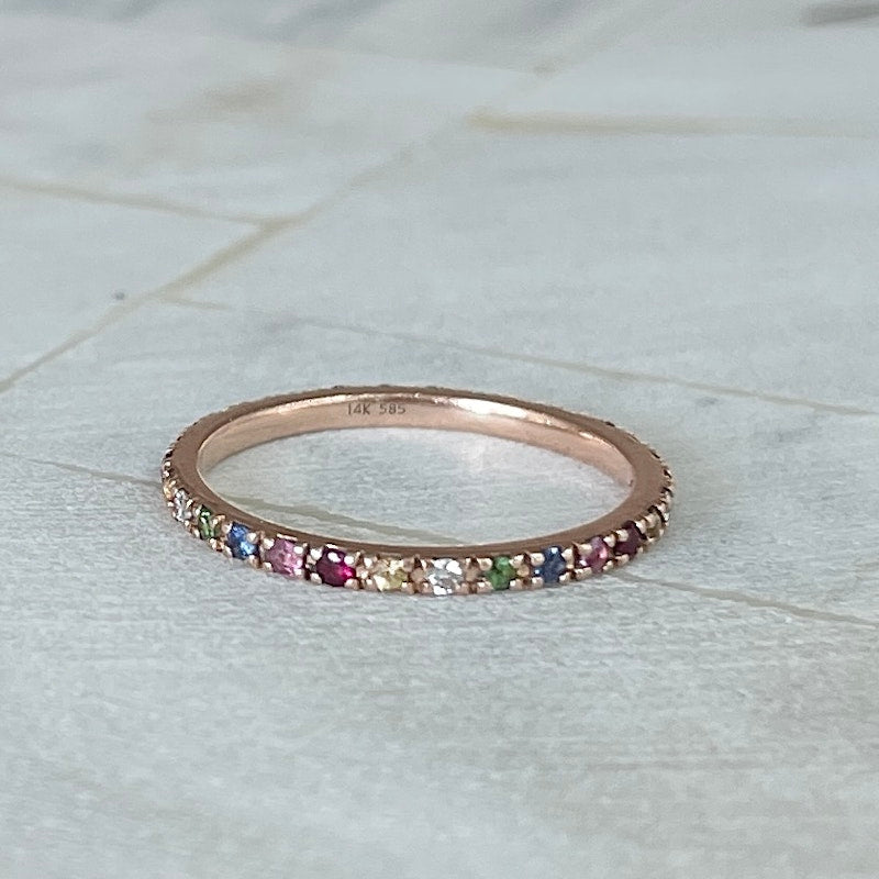 14k Rose Gold Rainbow Sapphire Eternity Band Ring