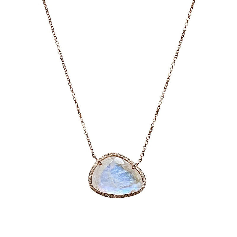 14k Rose Gold Moonstone Diamond Halo Necklace