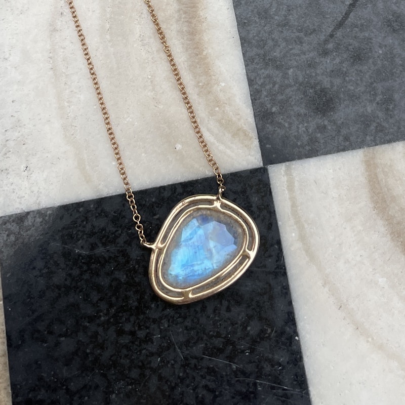 14k Rose Gold Moonstone Diamond Halo Necklace