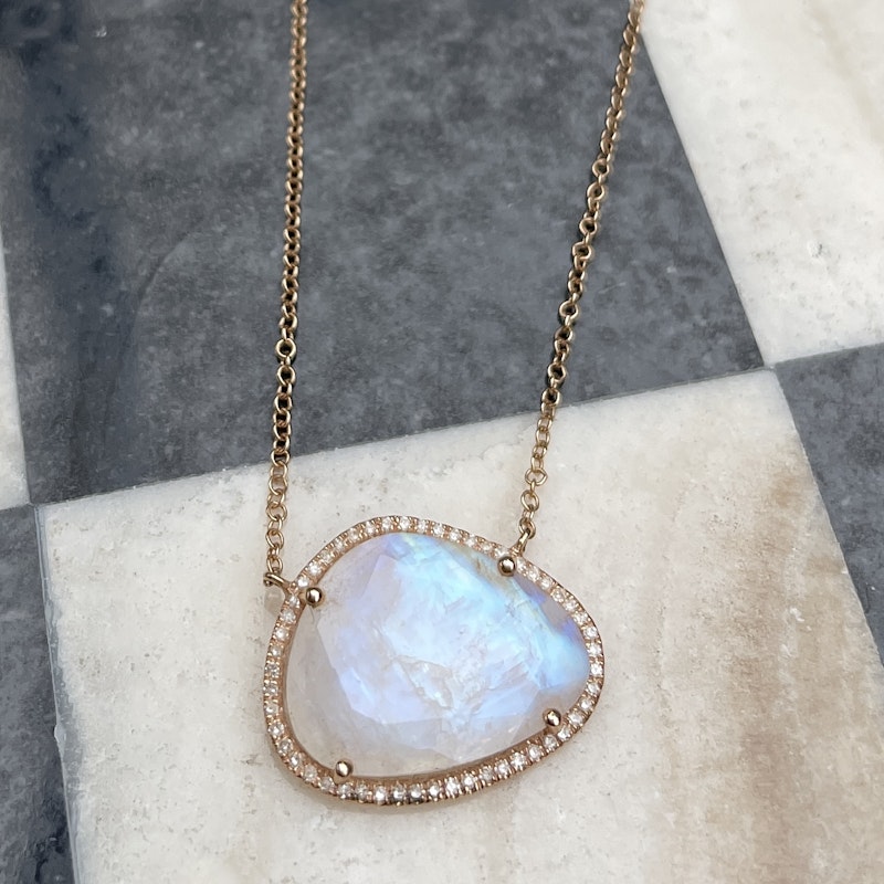 14k Rose Gold Moonstone Diamond Halo Necklace