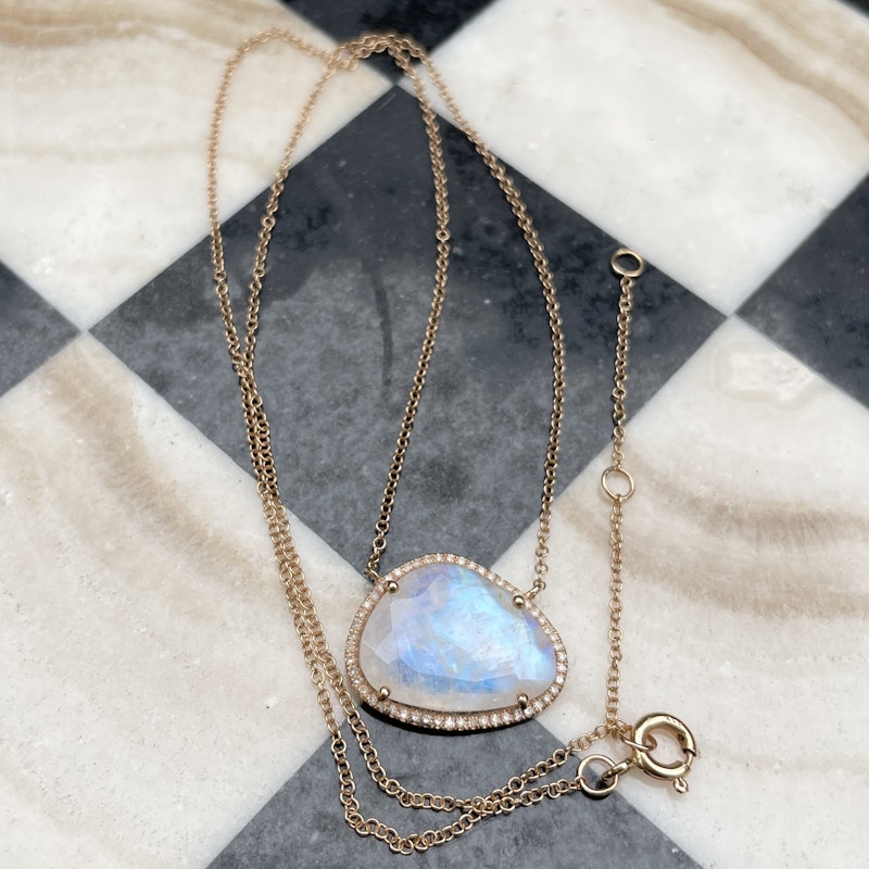 14k Rose Gold Moonstone Diamond Halo Necklace