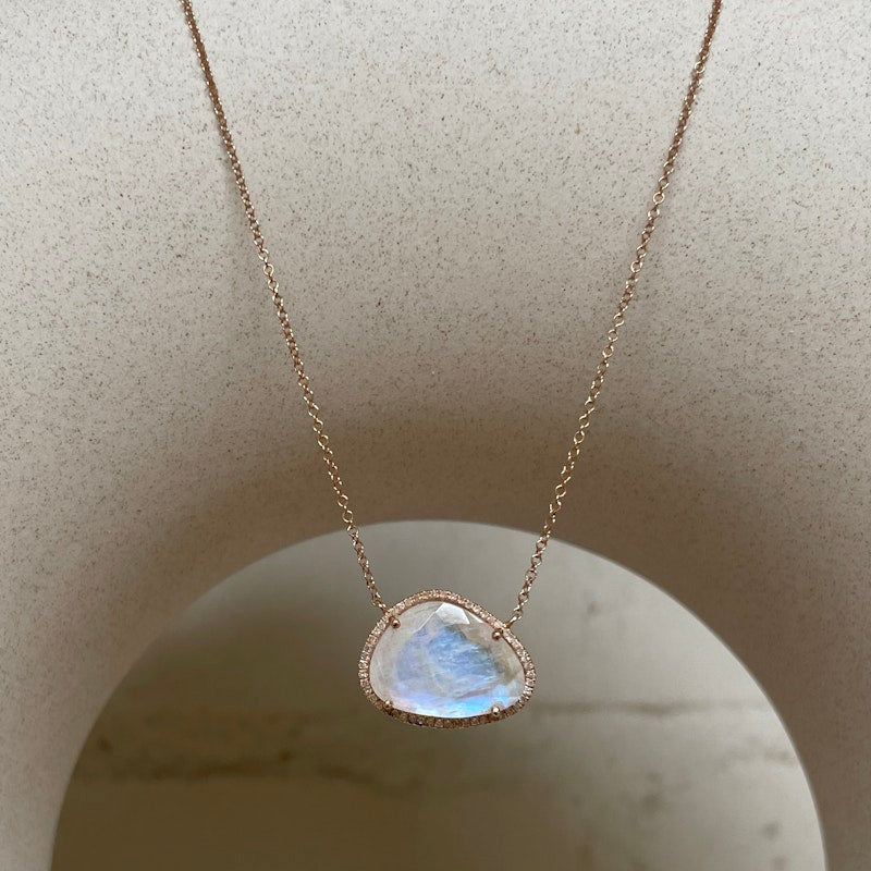 14k Rose Gold Moonstone Diamond Halo Necklace
