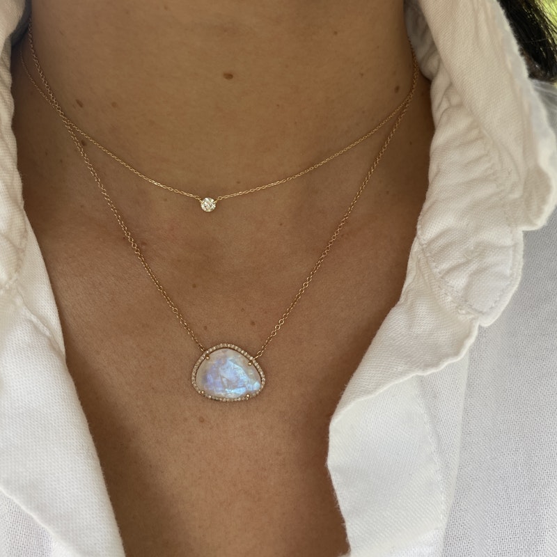 14k Rose Gold Moonstone Diamond Halo Necklace