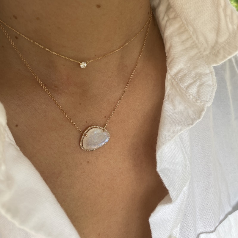 14k Rose Gold Moonstone Diamond Halo Necklace