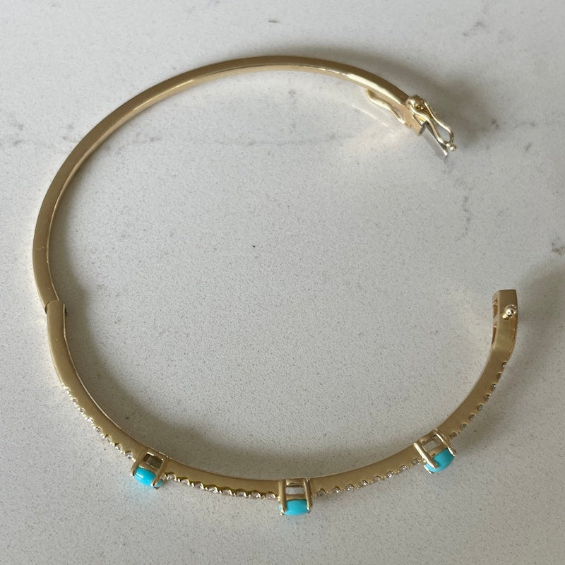 14k Yellow Gold Turquoise and Diamond Bangle Bracelet