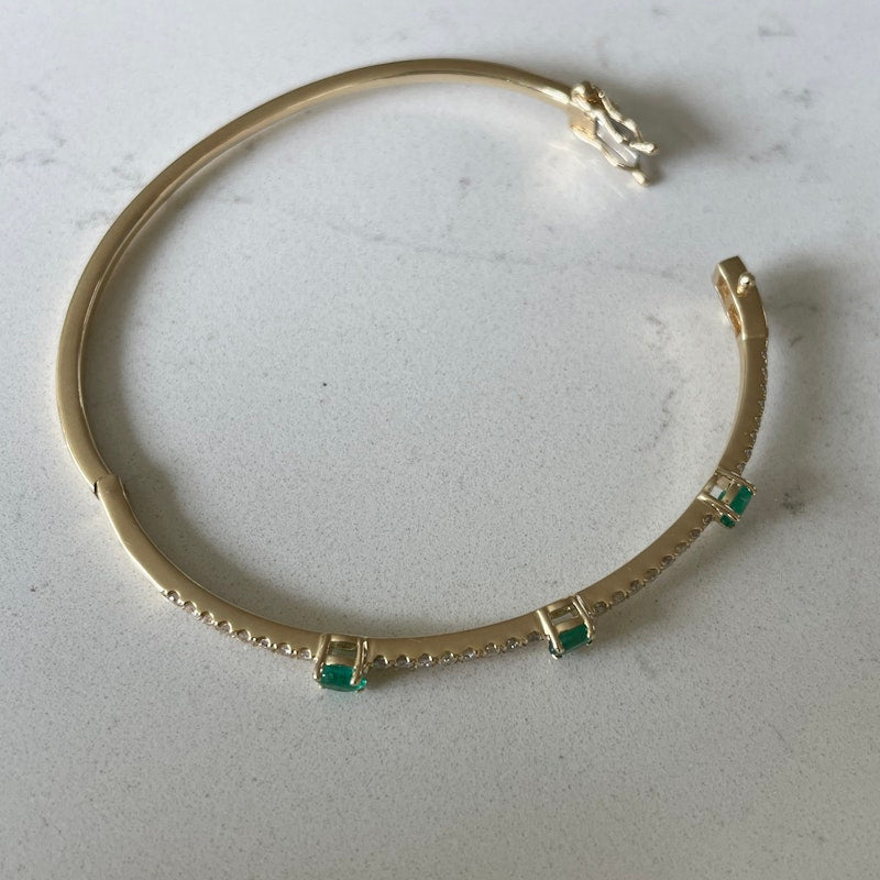 14k Yellow Gold Emerald and Diamond Bangle Bracelet