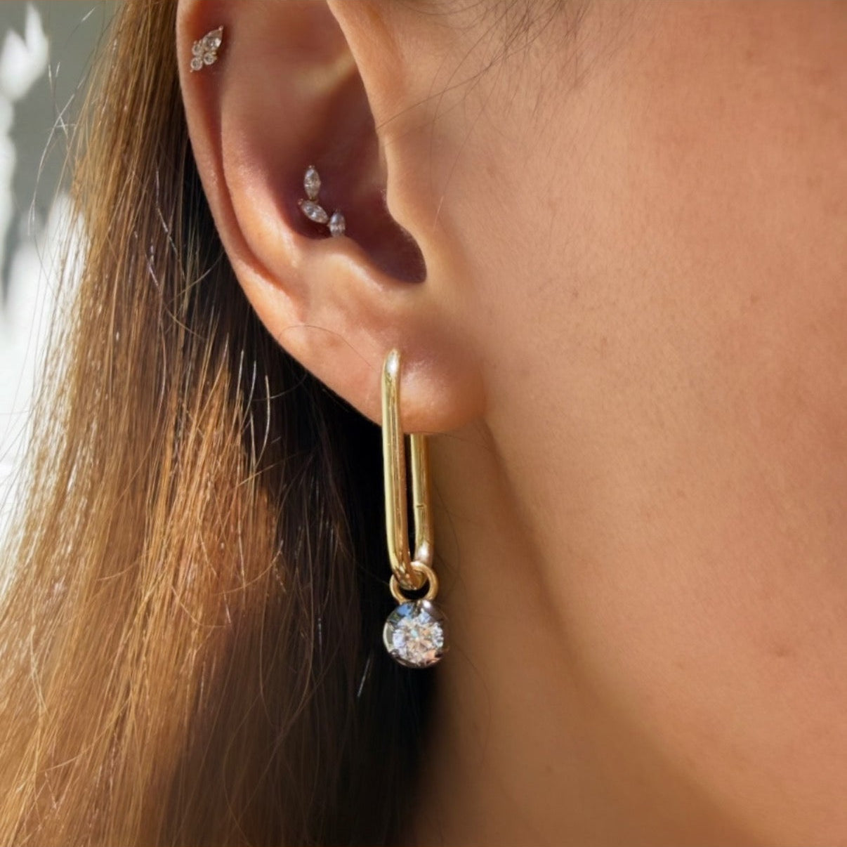 14k Yellow Gold Oval Hoop Earrings with Black Rhodium Round Diamond Drop