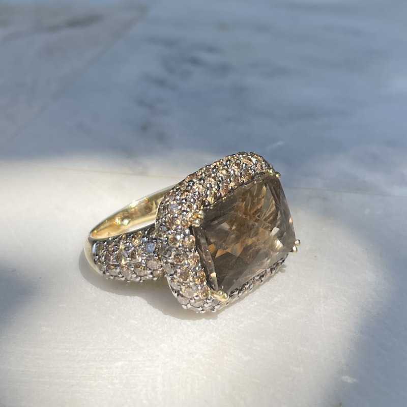 14k Yellow Gold Chocolate Diamond&Smokey Topaz Cocktail Ring