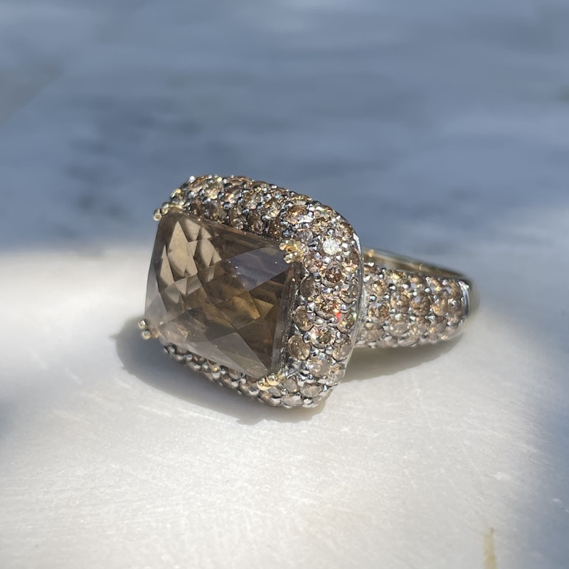 14k Yellow Gold Chocolate Diamond&Smokey Topaz Cocktail Ring