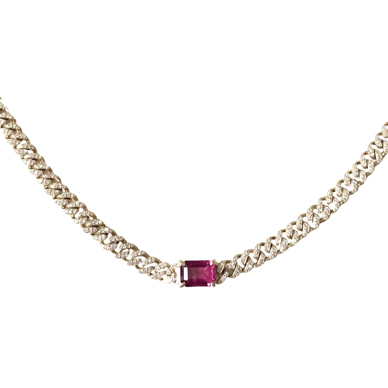 14k Yellow Gold Diamond and Pink Tourmaline Cuban Necklace