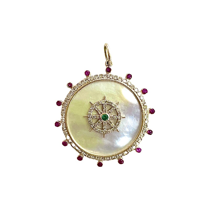 14k Yellow Gold Ruby Mother of Pearl Compass Pendant Charm