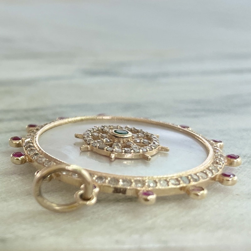 14k Yellow Gold Ruby Mother of Pearl Compass Pendant Charm