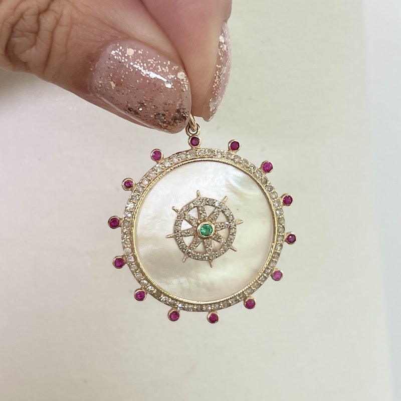 14k Yellow Gold Ruby Mother of Pearl Compass Pendant Charm