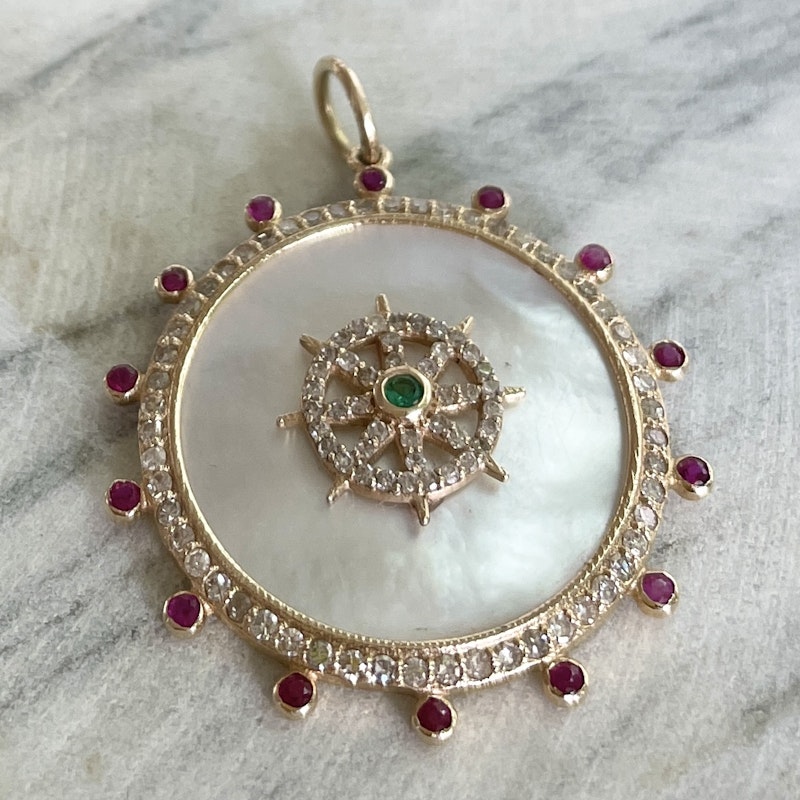 14k Yellow Gold Ruby Mother of Pearl Compass Pendant Charm