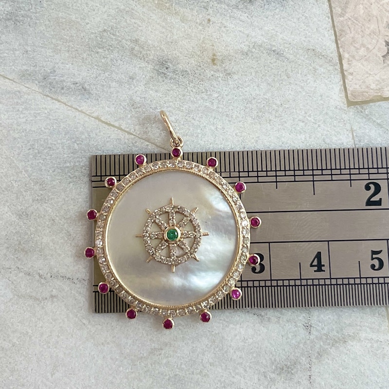 14k Yellow Gold Ruby Mother of Pearl Compass Pendant Charm