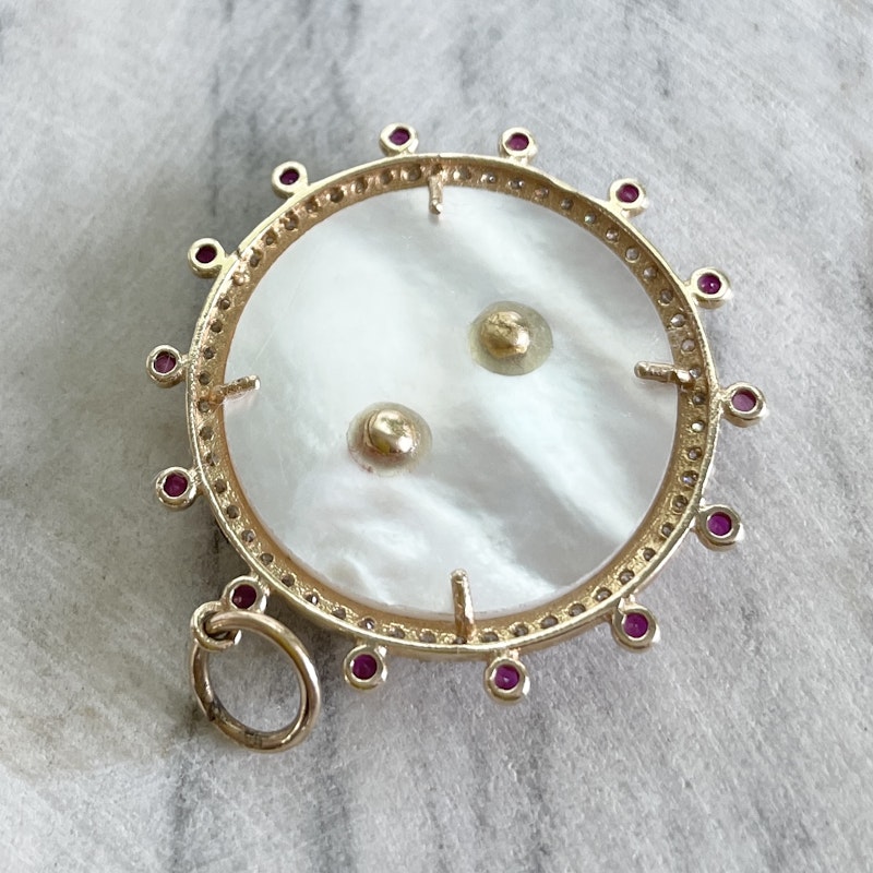 14k Yellow Gold Ruby Mother of Pearl Compass Pendant Charm