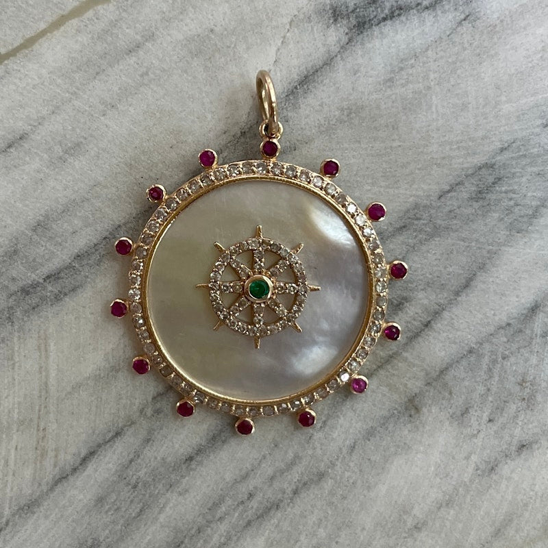 14k Yellow Gold Ruby Mother of Pearl Compass Pendant Charm
