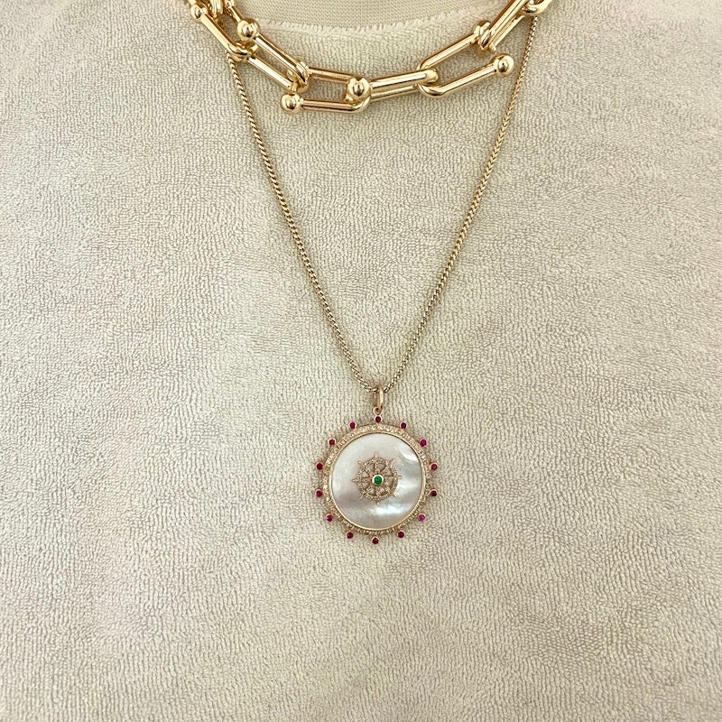 14k Yellow Gold Ruby Mother of Pearl Compass Pendant Charm