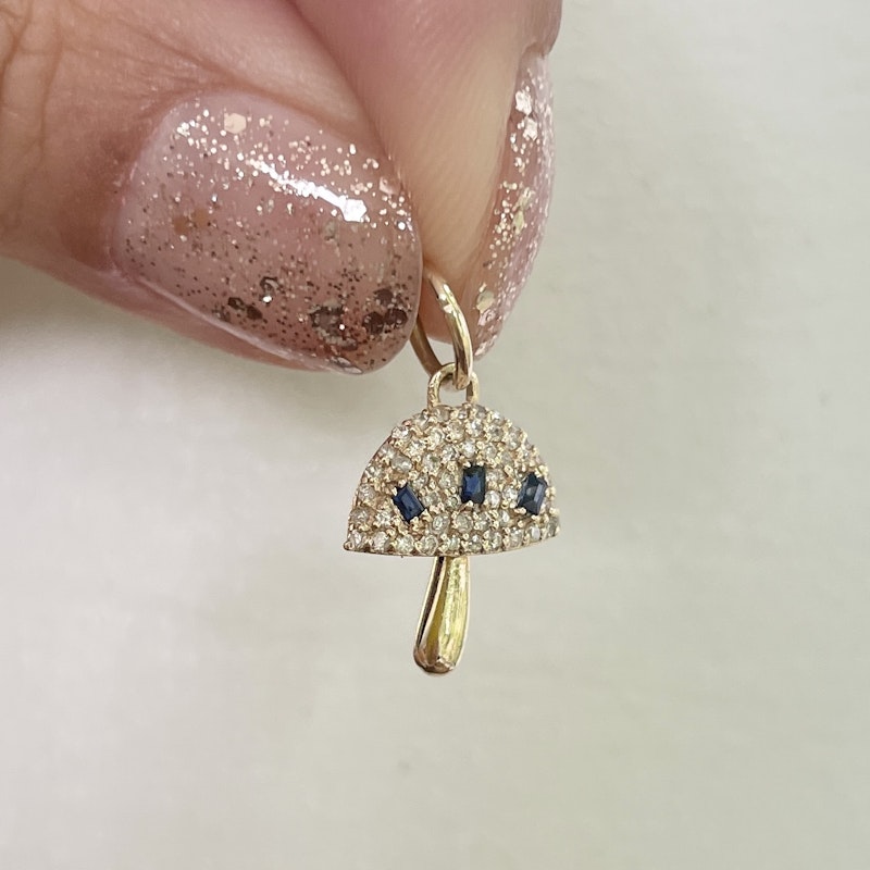 14k Yellow Gold Blue Sapphire and Diamond Mushroom Charm