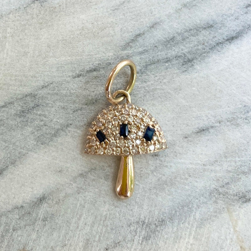 14k Yellow Gold Blue Sapphire and Diamond Mushroom Charm