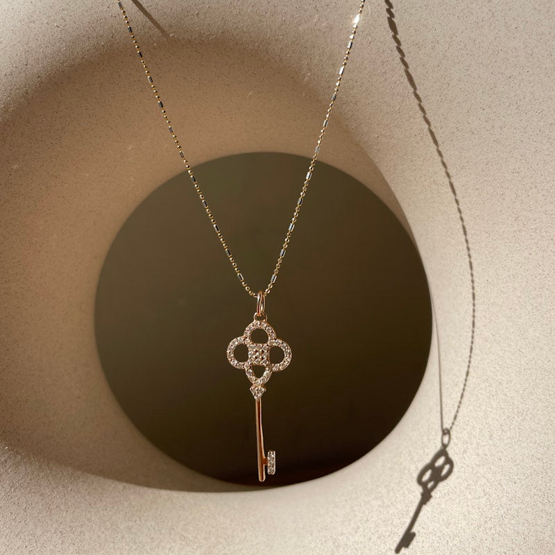 14k Crown Key Diamond Pendant Necklace