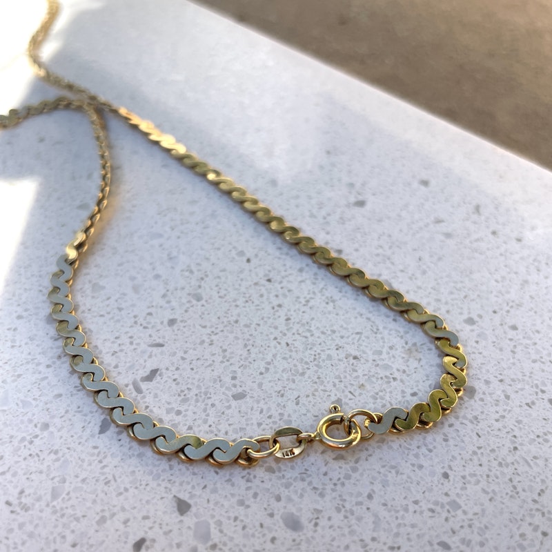 Vintage 14k Yellow Gold Serpentine Flat Chain Link Necklace
