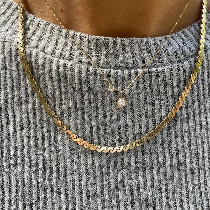 Vintage 14k Yellow Gold Serpentine Flat Chain Link Necklace