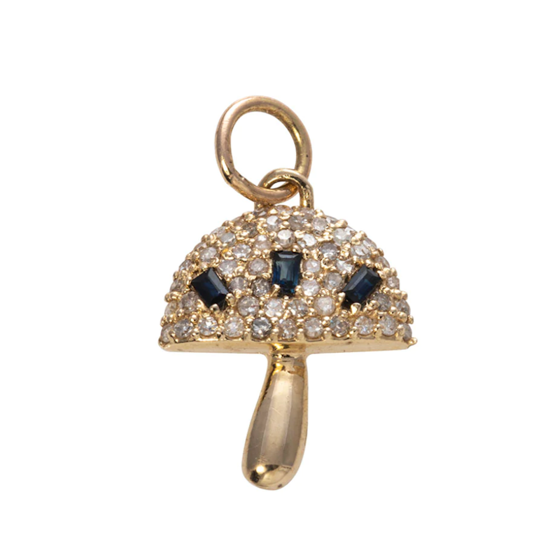 14k Yellow Gold Blue Sapphire and Diamond Mushroom Charm