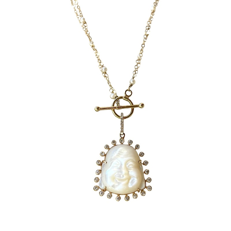 Mother of Pearl and Diamond Halo Buddha Necklace