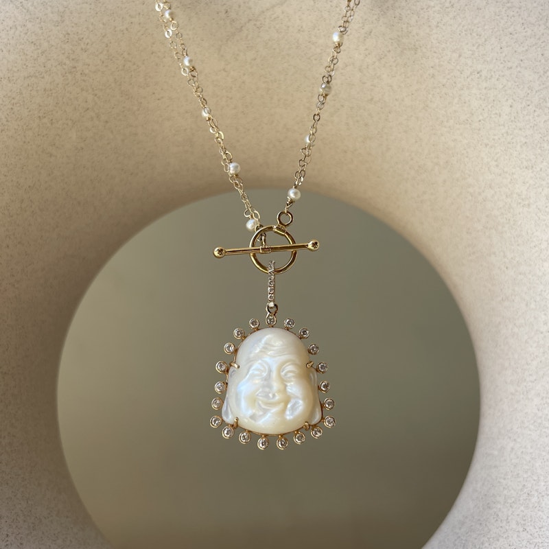 Mother of Pearl and Diamond Halo Buddha Necklace