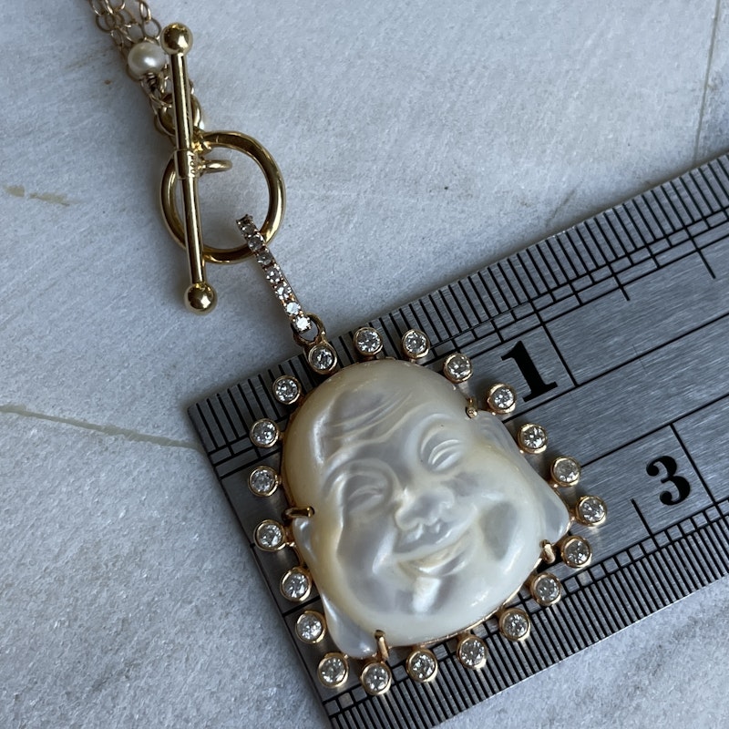 Mother of Pearl and Diamond Halo Buddha Necklace