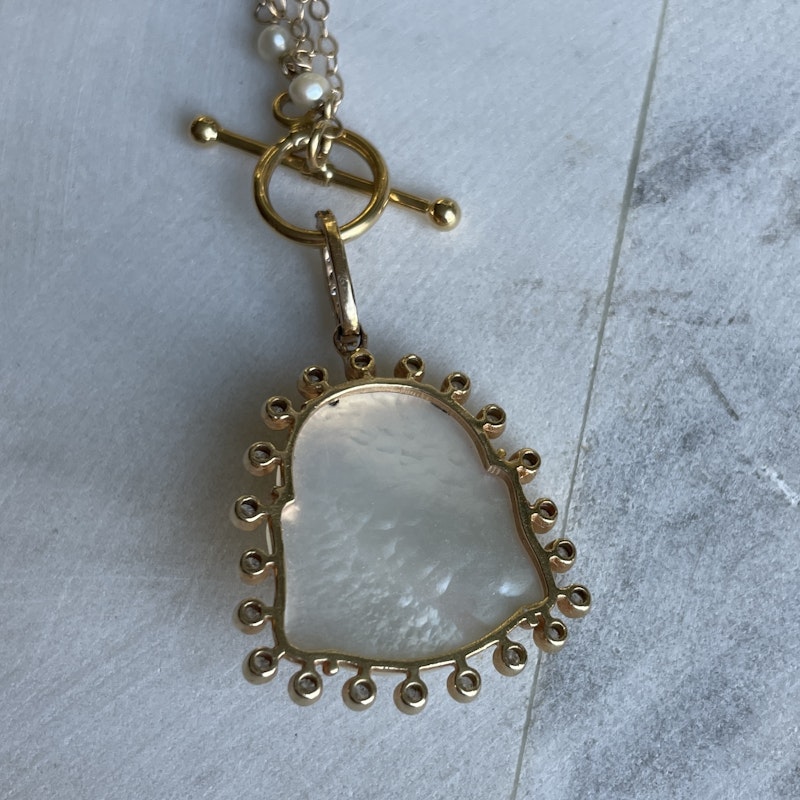 Mother of Pearl and Diamond Halo Buddha Necklace