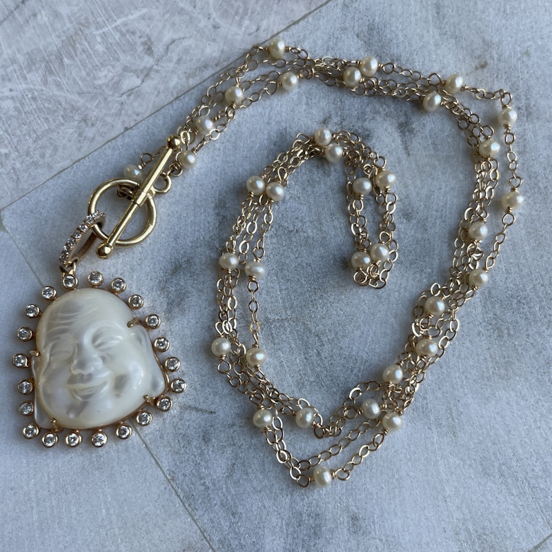 Mother of Pearl and Diamond Halo Buddha Necklace