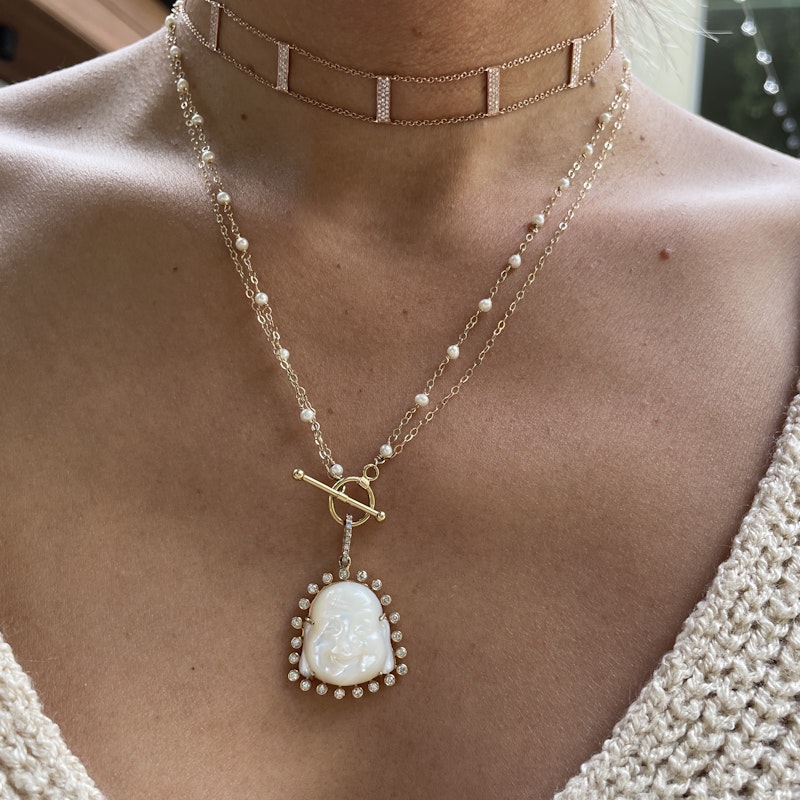 Mother of Pearl and Diamond Halo Buddha Necklace