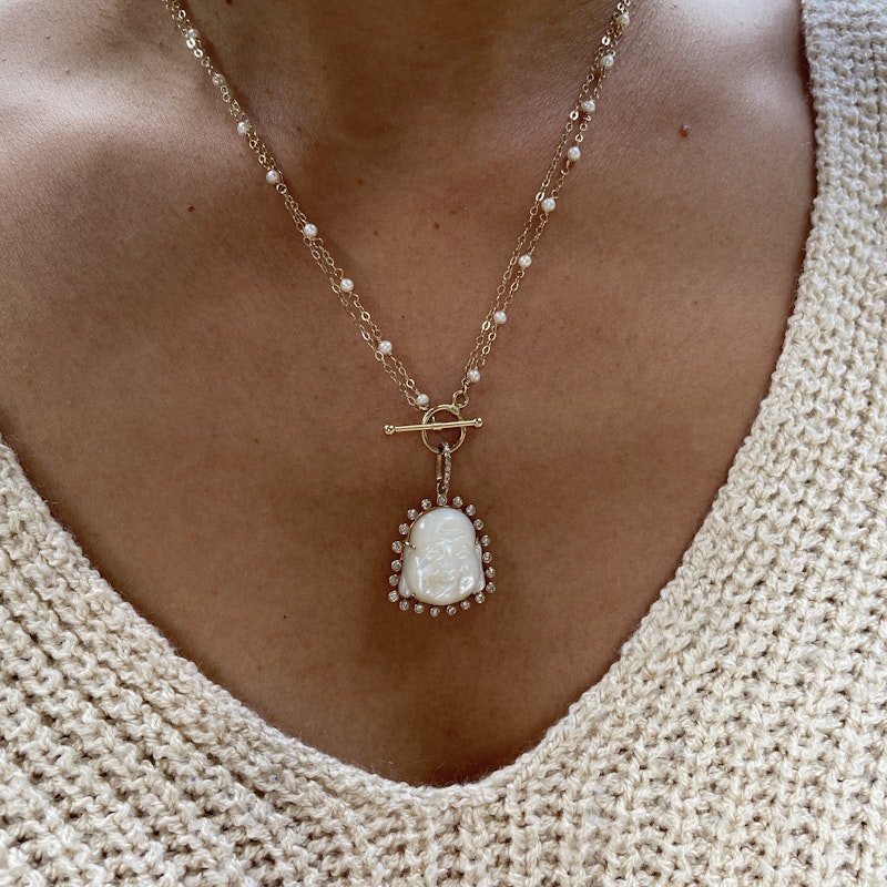 Mother of Pearl and Diamond Halo Buddha Necklace