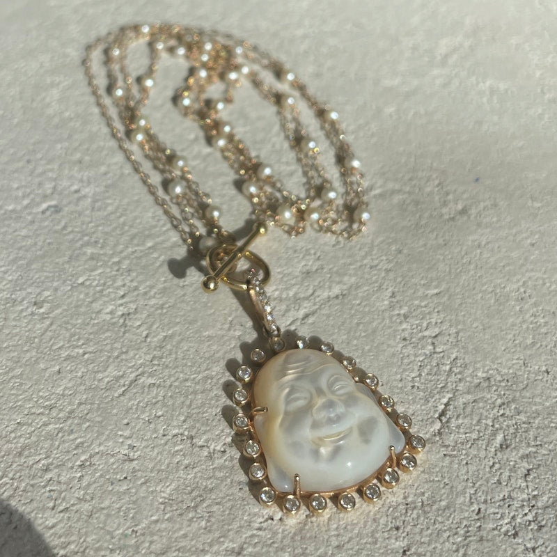 Mother of Pearl and Diamond Halo Buddha Necklace