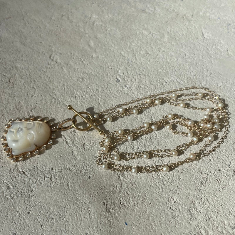 Mother of Pearl and Diamond Halo Buddha Necklace