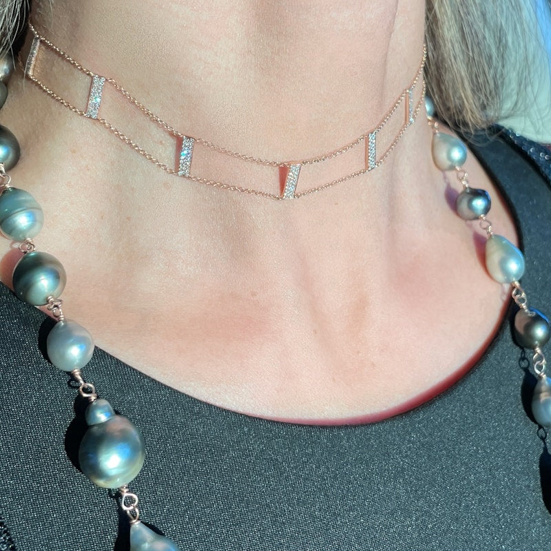 14k Rose Gold and Pave Diamond Bar Choker Necklace