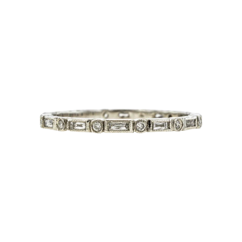 14k White Gold Baguette & Round Diamond Bezel Band Ring