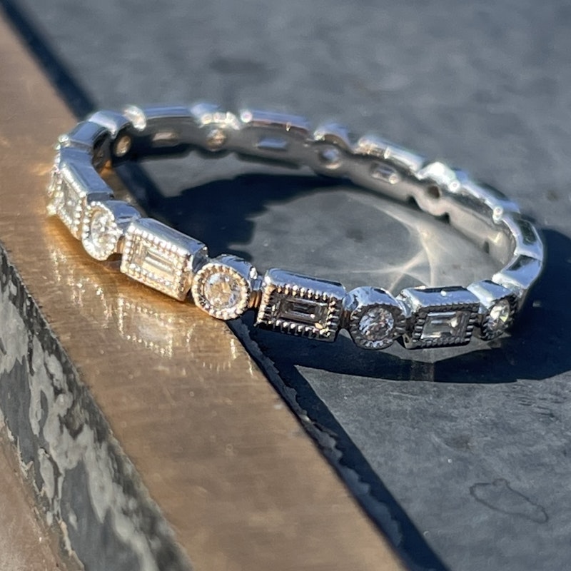 14k White Gold Baguette & Round Diamond Bezel Band Ring