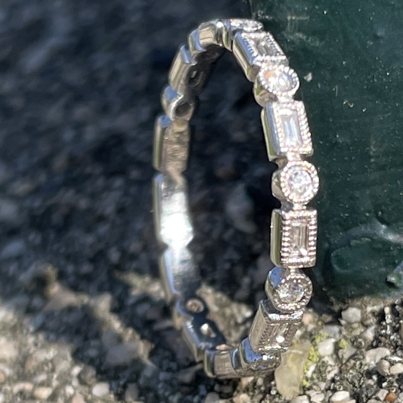 14k White Gold Baguette & Round Diamond Bezel Band Ring