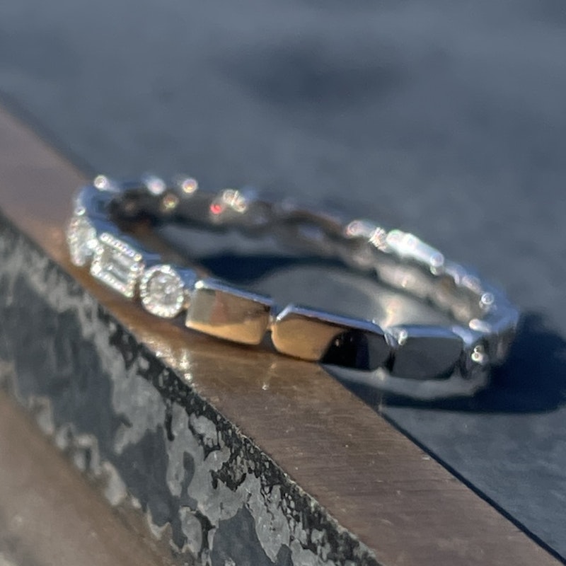 14k White Gold Baguette & Round Diamond Bezel Band Ring