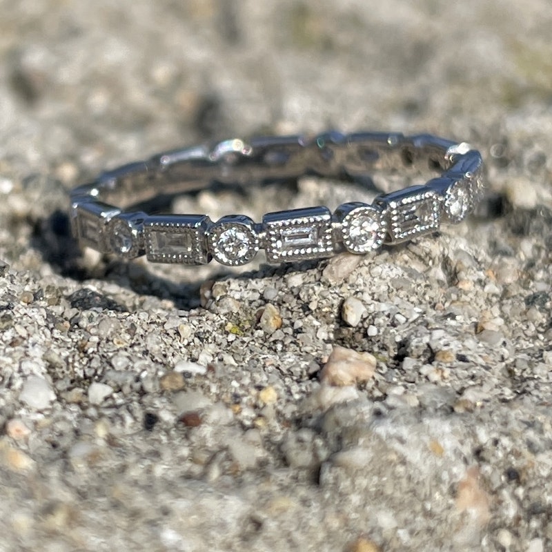 14k White Gold Baguette & Round Diamond Bezel Band Ring