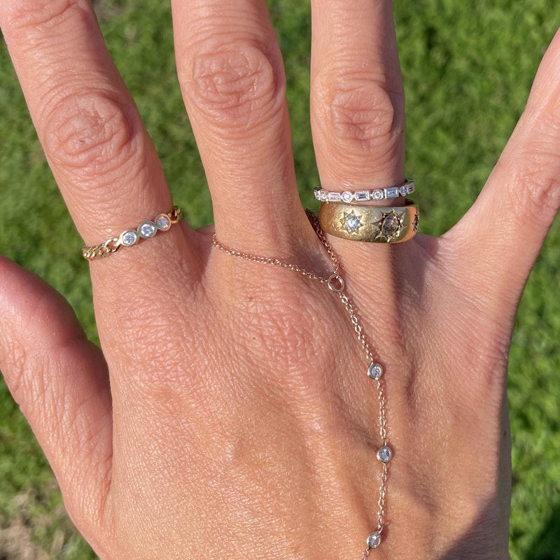 14k White Gold Baguette & Round Diamond Bezel Band Ring