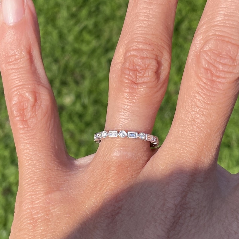 14k White Gold Baguette & Round Diamond Bezel Band Ring