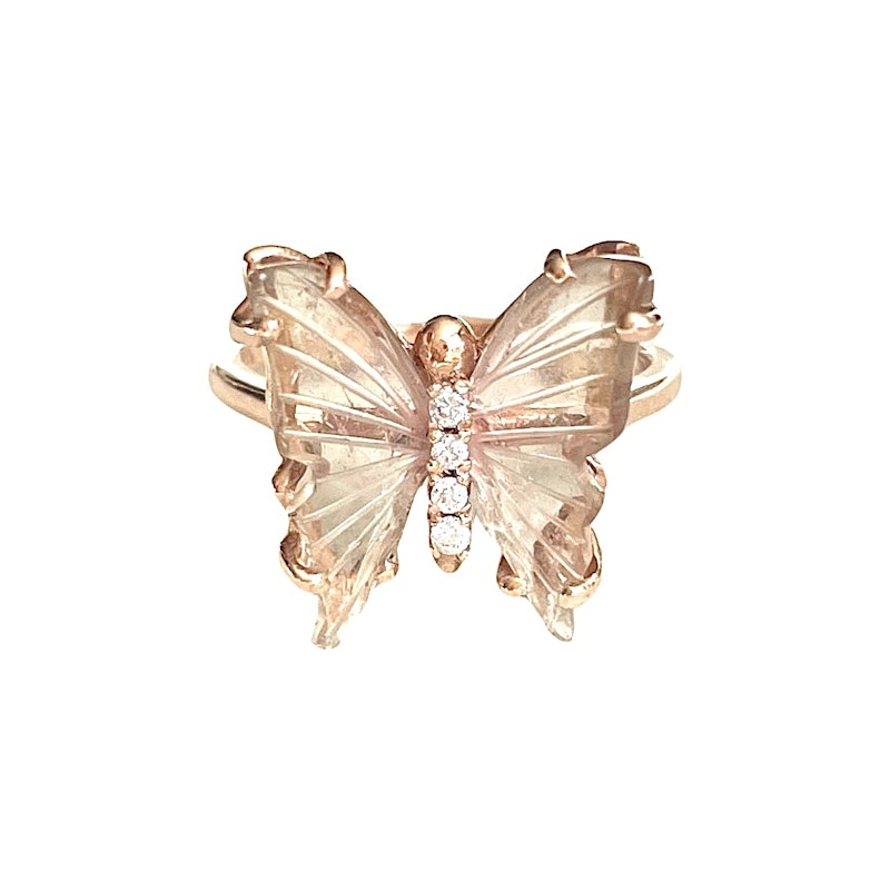 14k Rose Gold Blush Pink Tourmaline & Diamond Butterfly Ring